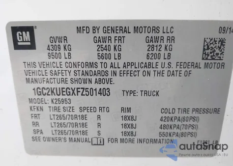 2015 Chevrolet Silverado 2500Hd Wt z USA, uszkodzony, nr VIN 1GC2KUEGXFZ501403